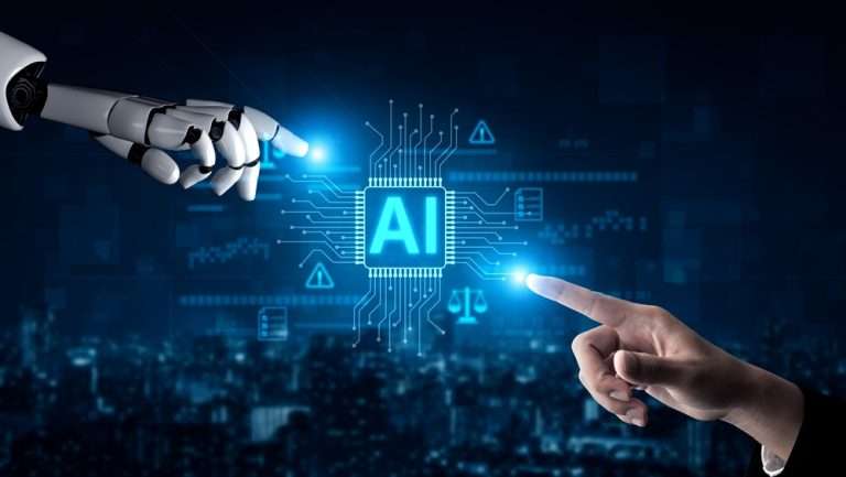 AI graphic with robot finger and human finger