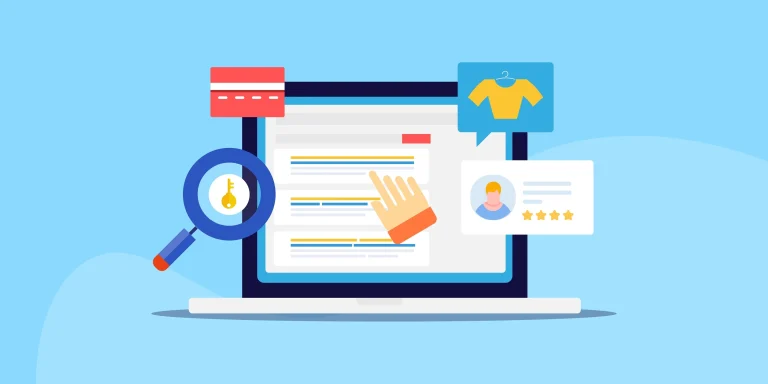 Vector illustration with icons illustrating user search intent navigational, commercial, informational, transactional
