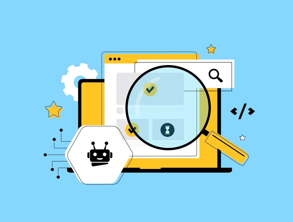Light blue and yellow website graphic with magnifying glass and robot cartoon