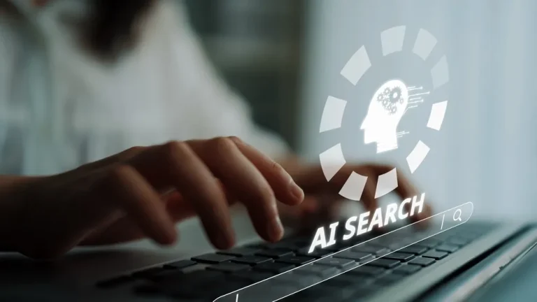 AI search graphic of person typing on computer with AI search holographic image