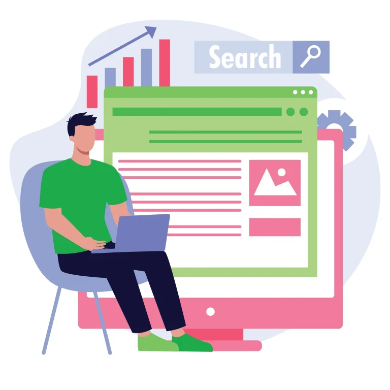 Graphic of cartoon man sitting in chair on his laptop with search graphic