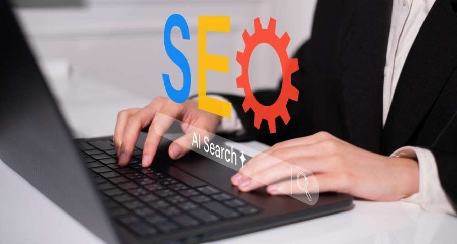 Professional typing on a laptop with SEO and AI Search graphics overlay, representing the convergence of search engine optimization and AI-powered search engines