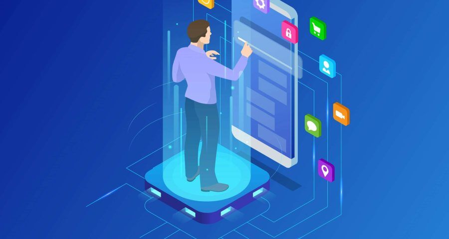 illustration of a person standing in front of iphone with strong user experience