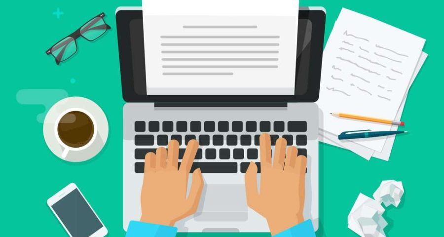 Writer,Writing,On,Computer,Paper,Sheet,Illustration,,Flat,Cartoon,Person