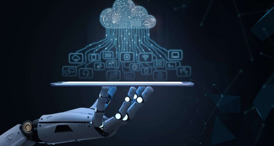 robot hand holding a cloud of website data