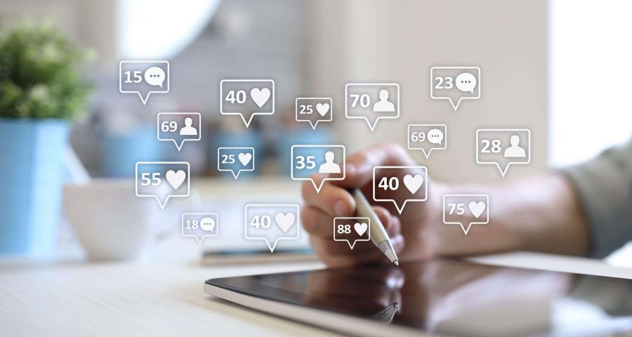 floating icons for social media likes, followers, and comments