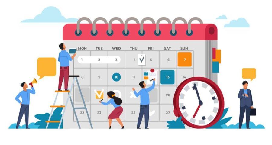 People working together to create a social media and content schedule for the month on a calendar planner using dates and times for a business