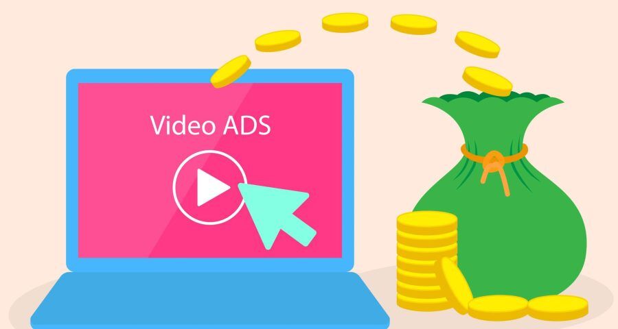 An illustration of a laptop playing a video advertisement. Gold coins are sprouting from the computer and piling into a green money bag on the right, representing ad revenue.