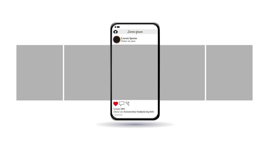 An illustration of a smartphone with Instagram open. The picture on Instagram is of a gray screen, and the phone has two gray boxes on each side. It's mean to visualize social media scrolling.
