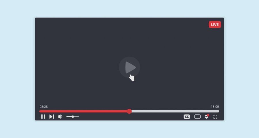 An illustration of a online video viewing bar, with the red line signifying time watched and the play button in the center of the screen indicating that the video is paused. This is meant to represent YouTube.