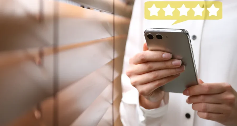 women leaving review on iphone