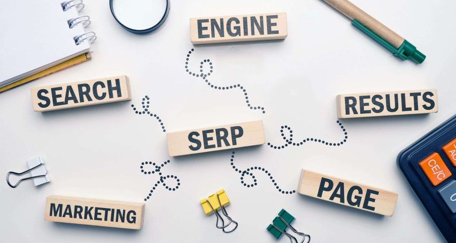 SERP buzzword map and wooden blocks