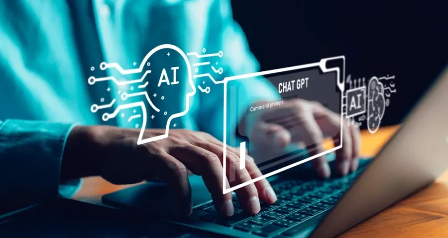 AI ChatGPT graphic. Man on his laptop typing
