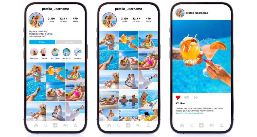 Three beach-themed Instagram profile feeds