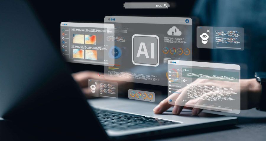 AI images on a computer and man typing on it