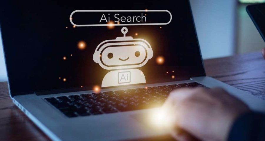 A person types on a computer with an AI search robot illustration displayed on the screen