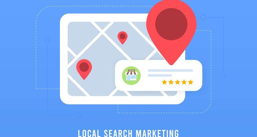 Local search marketing graphic with 5 star reviews and map of business