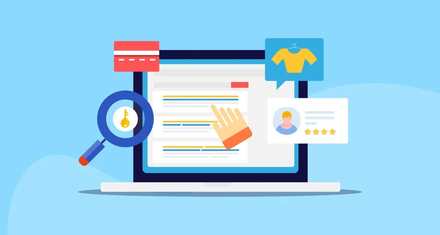 Vector illustration with icons illustrating user search intent navigational, commercial, informational, transactional