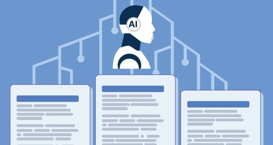 AI robot graphic above content pages with blue background