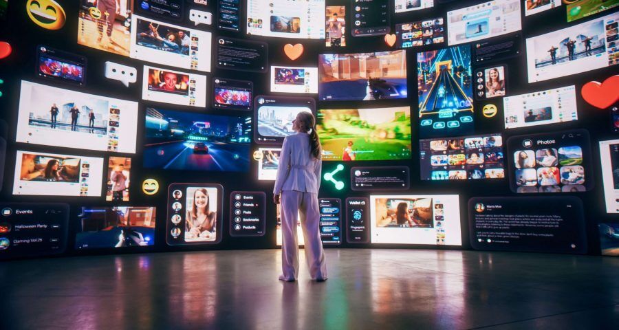 woman staring a digital wall of social media content