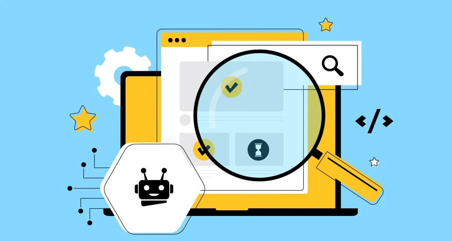 Light blue and yellow website graphic with magnifying glass and robot cartoon