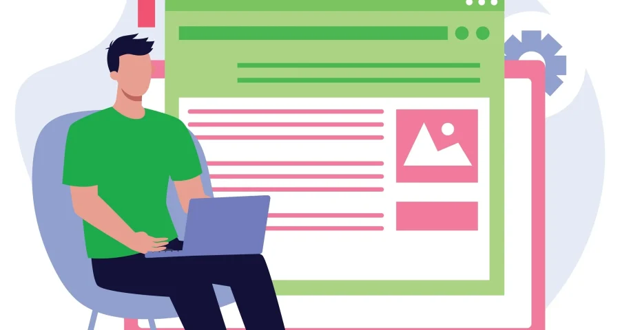 Graphic of cartoon man sitting in chair on his laptop with search graphic