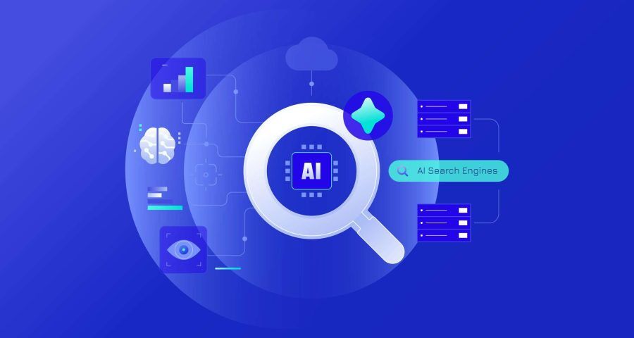 Blue AI Search graphic with magnifying glass