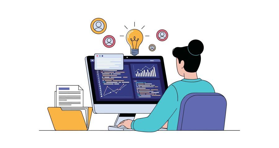 cartoon graphic of a woman on her computer looking at data with a lightbulb