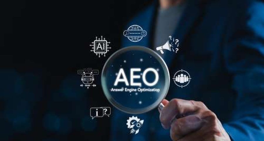 Aeo,Answer,Engine,Optimization,Strategy,Concept.,Businessman,Holding,Magnifying,Glass