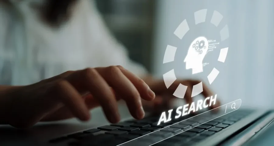 AI search graphic of person typing on computer with AI search holographic image