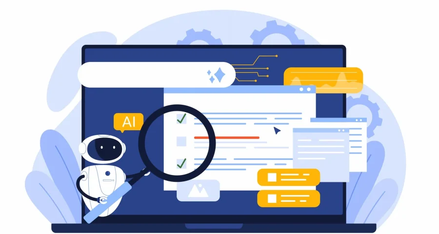 Robot tracking AI search visibility on AI search results page