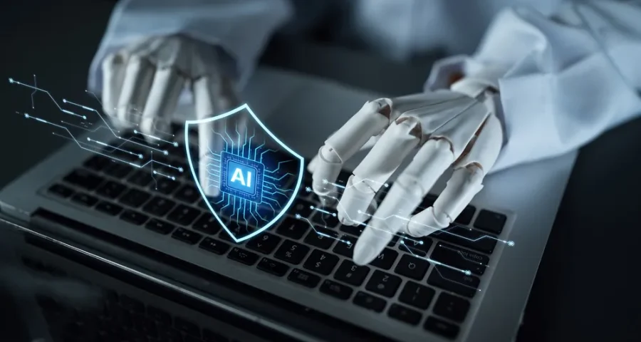 AI agent typing on a computer with holographic image of AI in blue