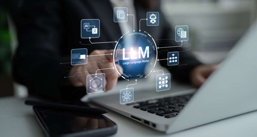 Business professional pointing at a digital LLM (Large Language Model) graphic surrounded by AI icons representing chatbots, translation, and data processing