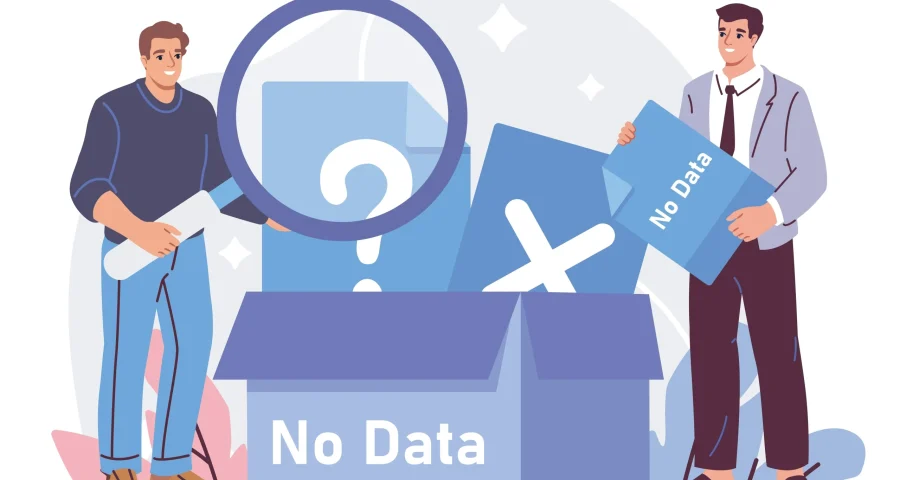 Two cartoon men with a magnifying glass and a box that says "no data"