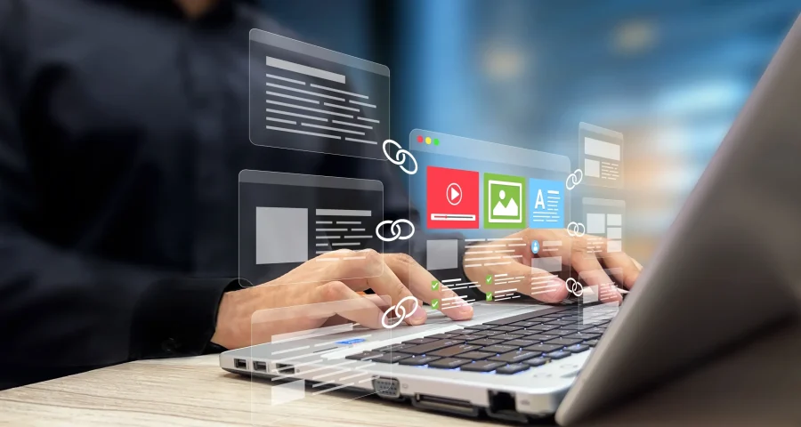 laptop with widgets for link building, branding, seo