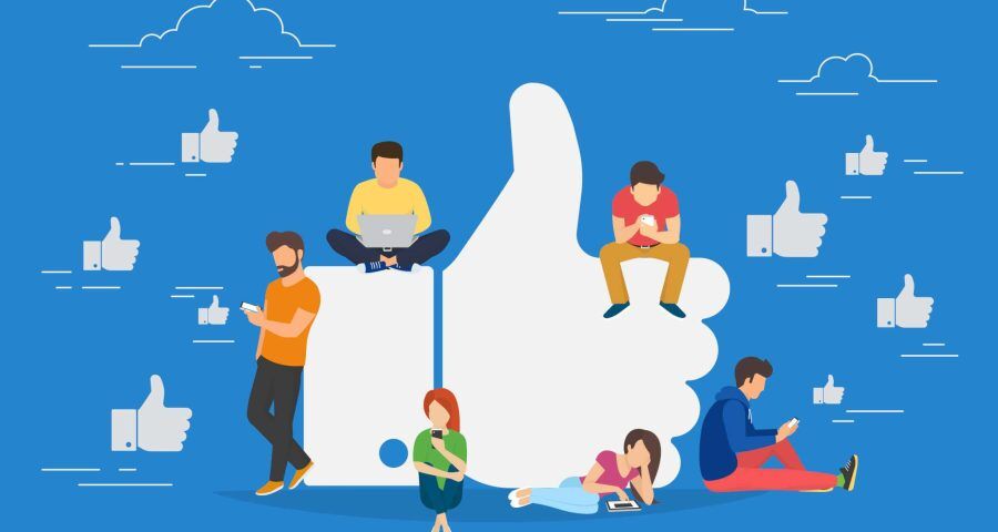 A cartoon of a Facebook like with people sitting around it on their phones