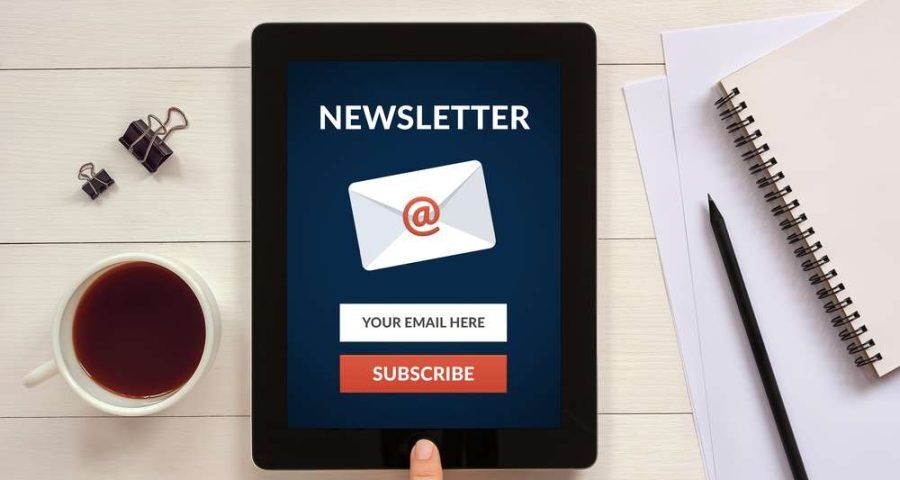 Subscribe,Newsletter,Concept,On,Tablet,Screen,With,Office,Objects,On